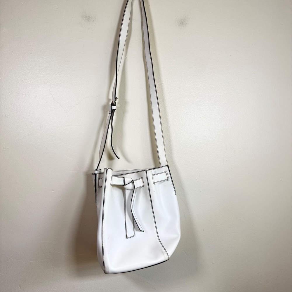 French Connection Tie Front Minimalist Crossbody Bucket Bag Size Medium White